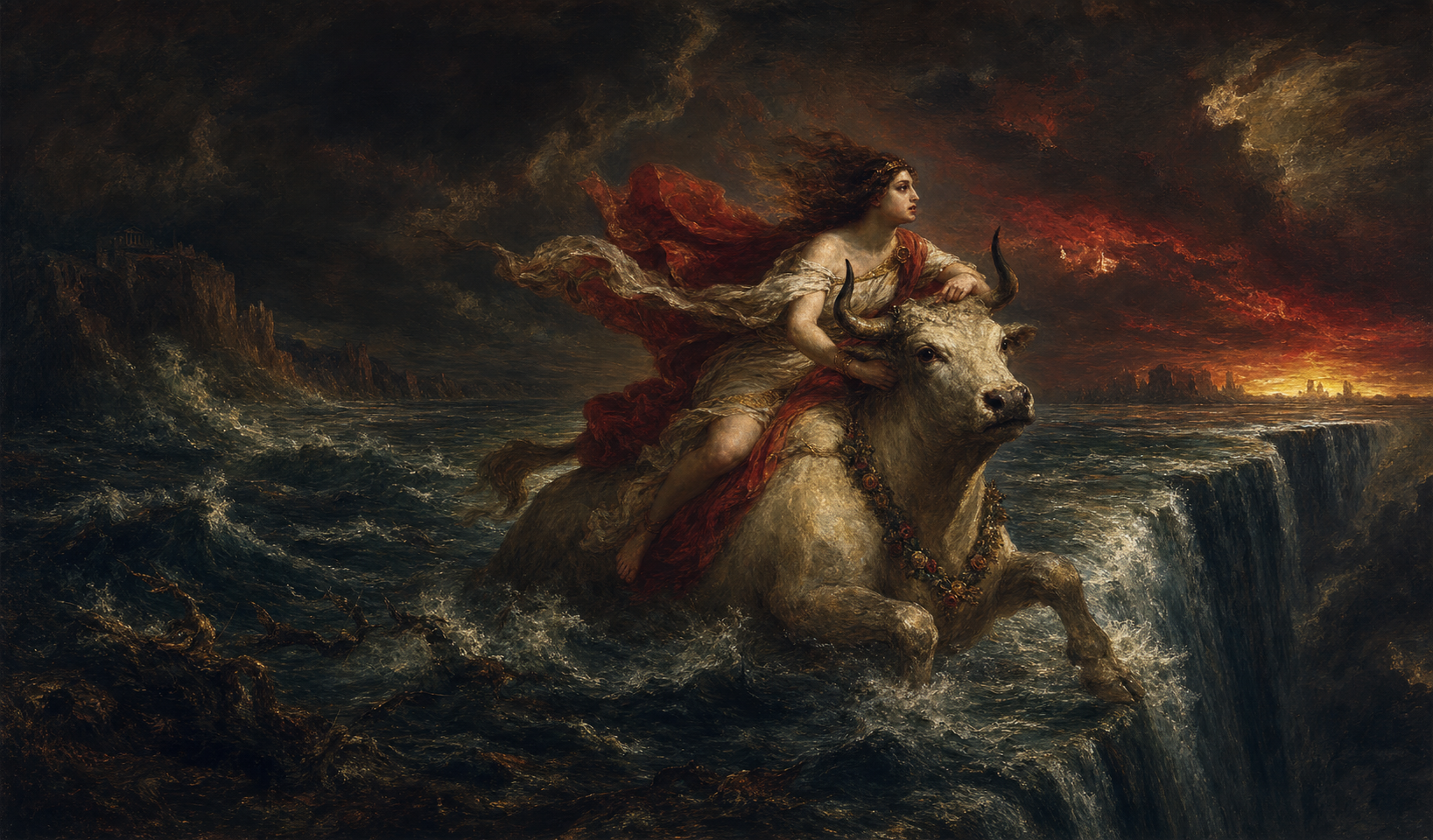 Romantic oil painting of Europa riding a white bull toward the edge of the world
